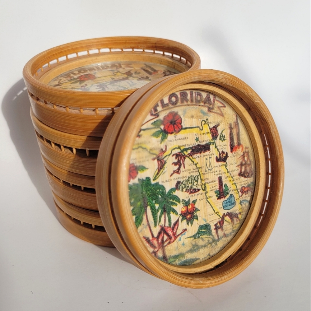 Vintage Bamboo Florida Map Coaster Set of 5
